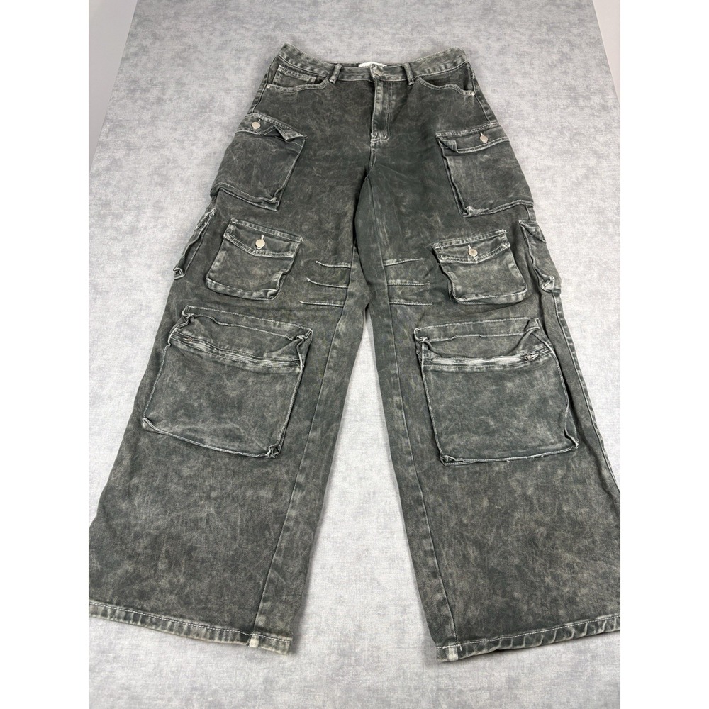 Fashion Nova Baggy Cargo Jeans Womens 13 Wide Leg 11 Pocket Distressed Y2K